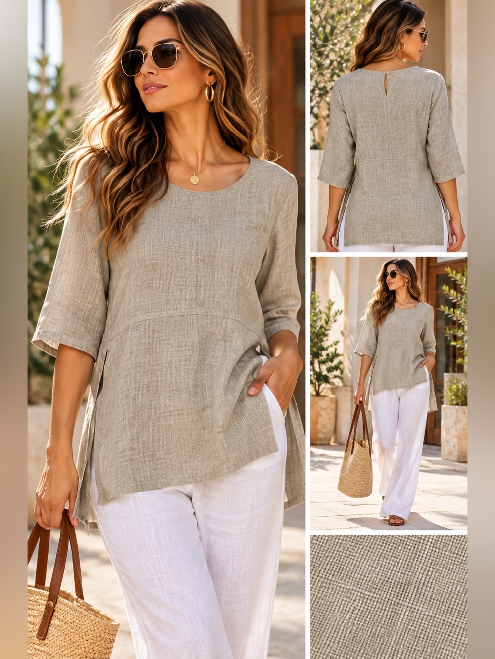 Bryn Walker 100% Linen Tunic Top XS Beige Natural Lagenlook Coastal Minimalist